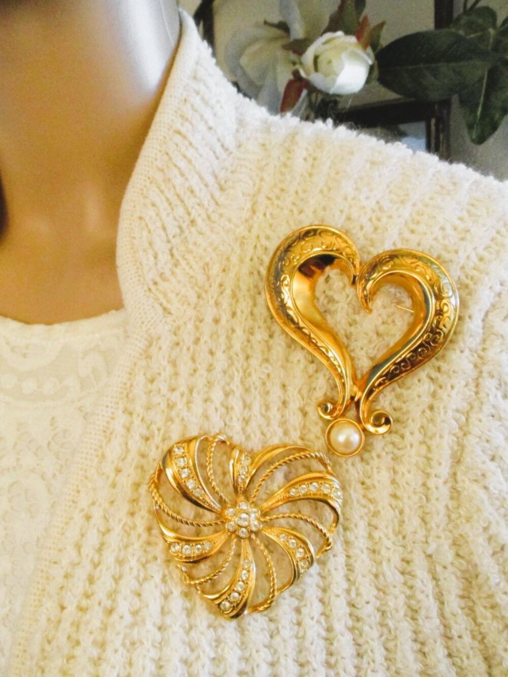 Vintage AVON Oversized Heart Brooch Lot – Scroll Pearl Heart & Rhinestone Ribbon